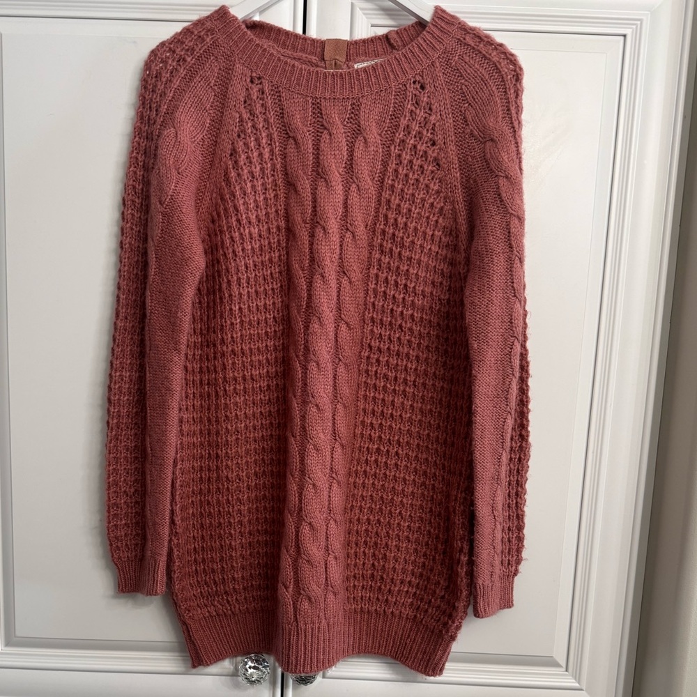 New Look US SZ 2 Dusty Rose Ribbed/Cable Knit Chunky Crew Neck Sweater Keyhole